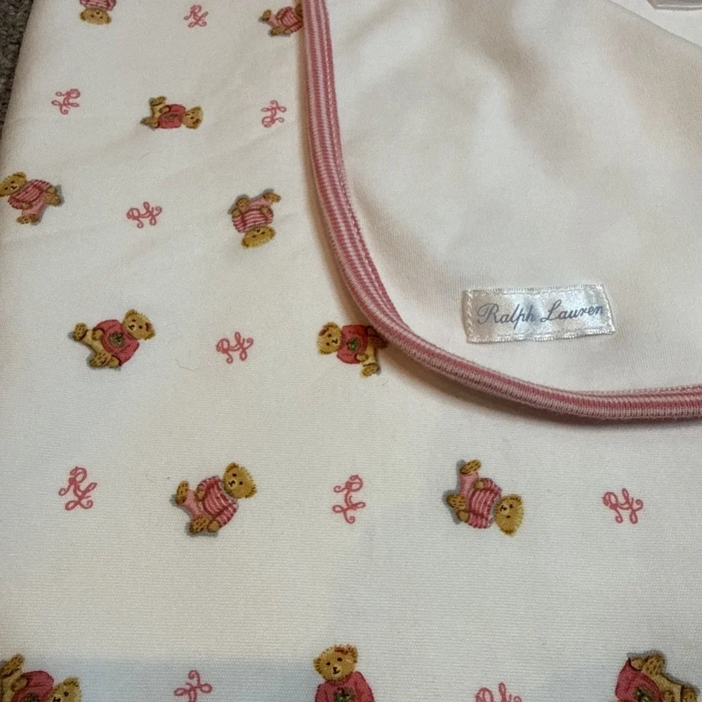 RALPH LAUREN Receiving Blanket White w/ Pink Trim Teddy Bears Girls EXCELLENT